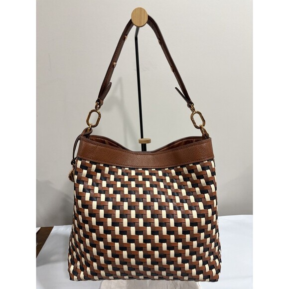 Fossil Jessie Leather Shoulder Bag Woven Colorway Brown/Black / Cream - Picture 7 of 15